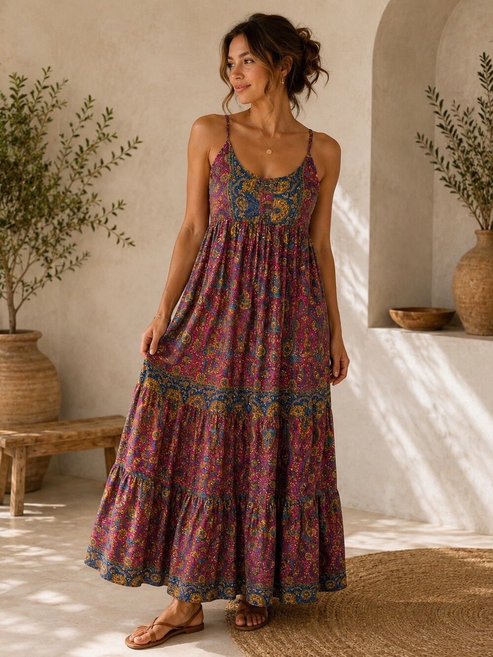 Boho Paisley Maxi Dress Pink Blue Art Silk Empire Waist Tiered Festival S/M